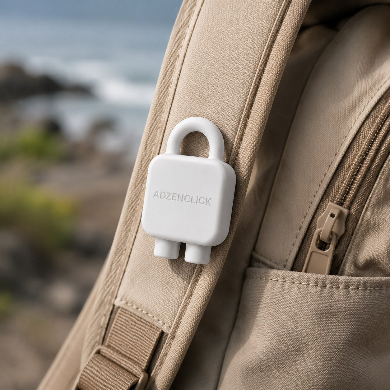 Adzenclick clipped on a backpack strap